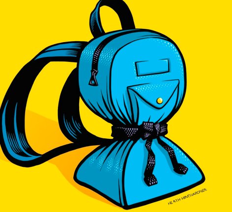 A stylized blue backpack with a drawstring base and front pocket, illustrated in bold comic-book style against yellow background.