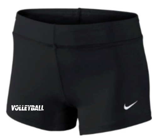 Black Nike volleyball shorts with "VOLLEYBALL" text on left leg and white swoosh logo on right leg.