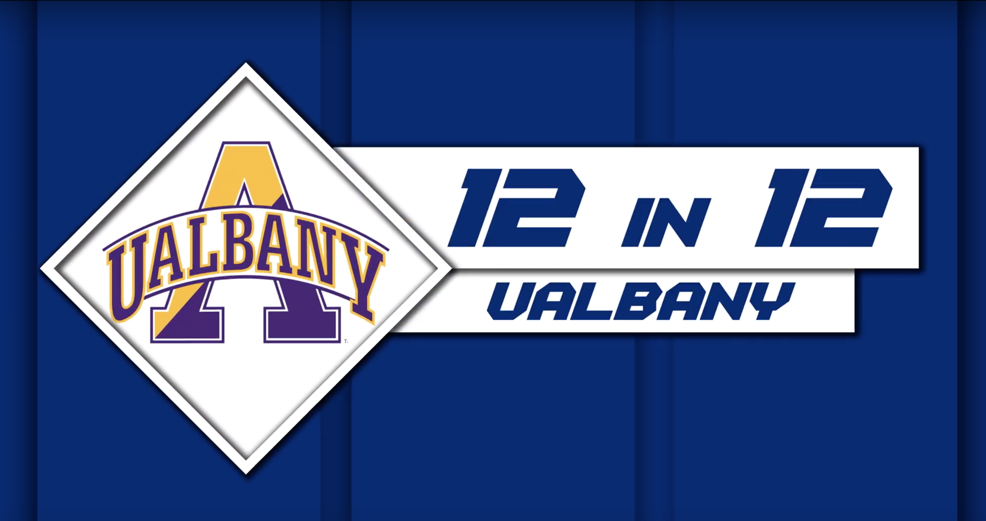 UAlbany athletics logo with "12 in 12" campaign text on blue background.