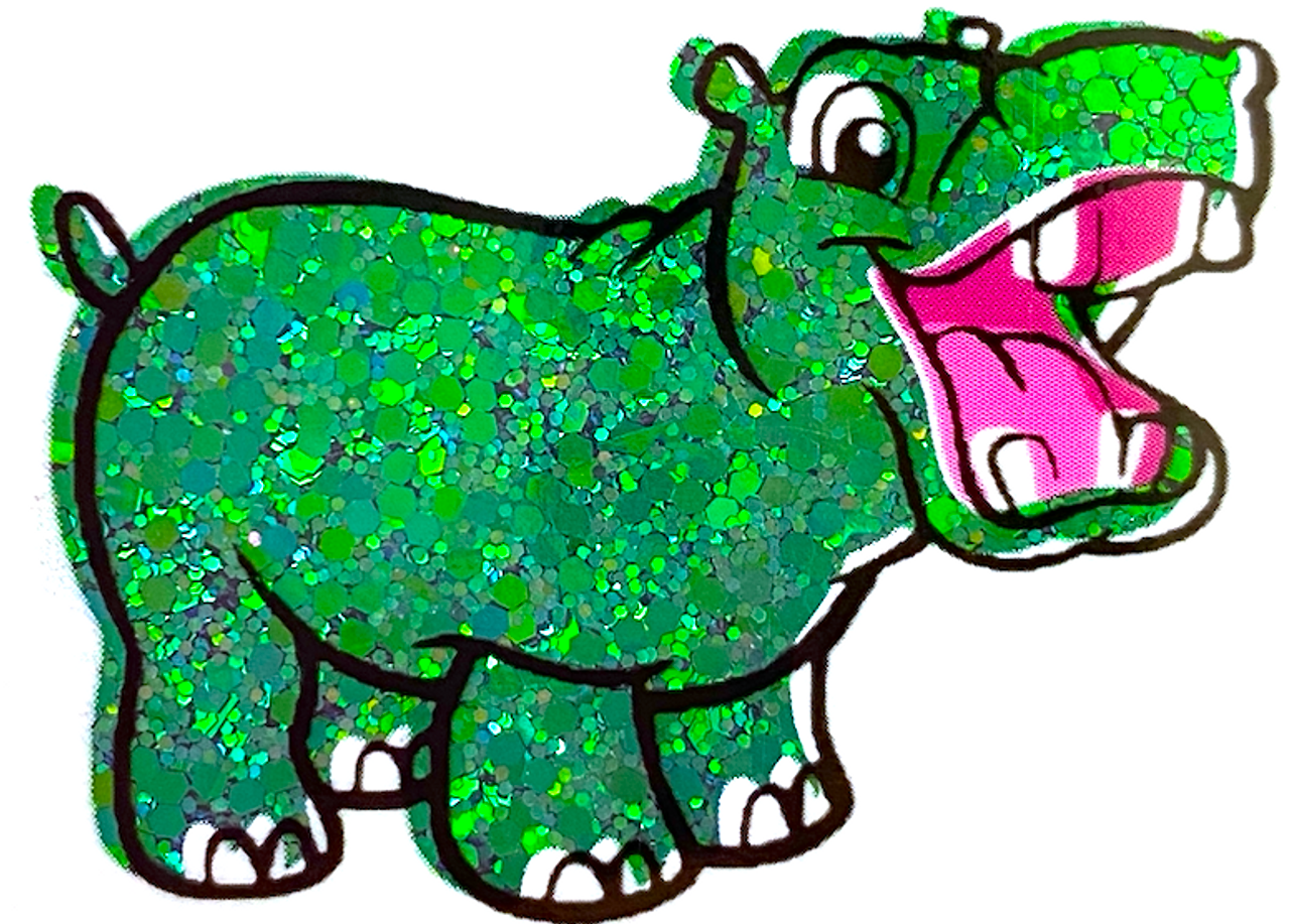Glittery green cartoon hippo with open pink mouth and white teeth, outlined in black.