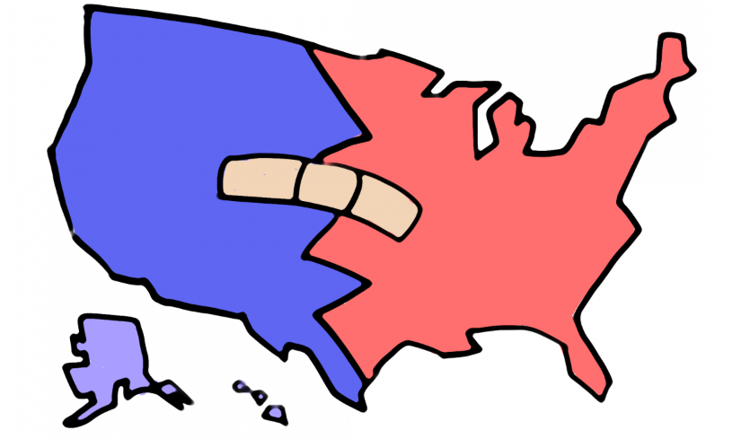 Hand-drawn U.S. map split blue (West) and red (East) with a bandage across the divide, symbolizing political division and healing.