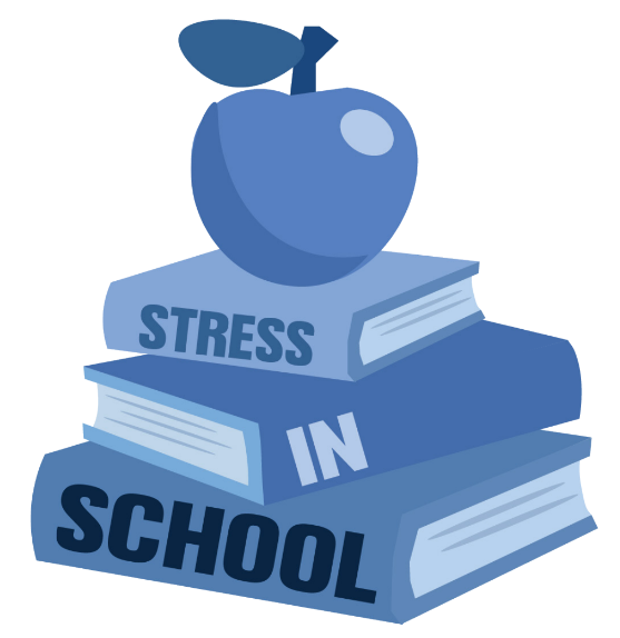 Blue apple atop three stacked books labeled "STRESS IN SCHOOL"