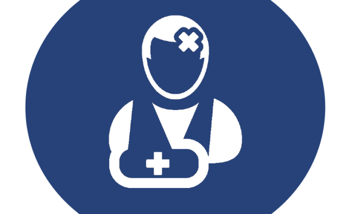 White icon of a person with head bandage and arm sling on blue circular background, symbolizing injury or medical care.