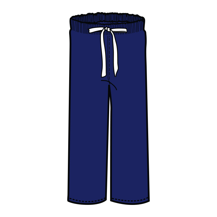 Navy blue drawstring sweatpants with white cord and ribbed elastic waistband, illustrated front view.