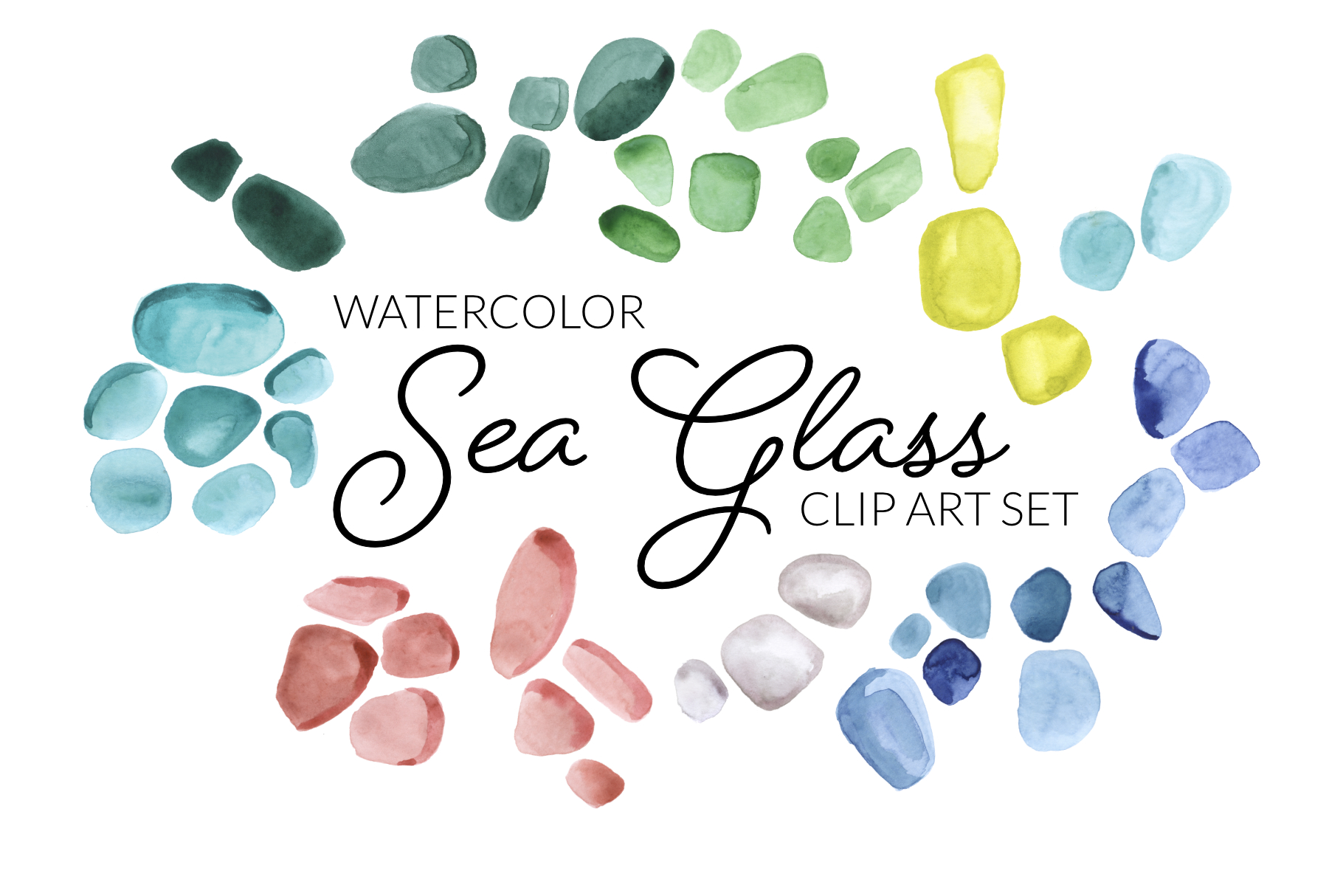 Watercolor sea glass clip art set in blues, greens, yellows, pinks, and whites arranged around elegant script text.