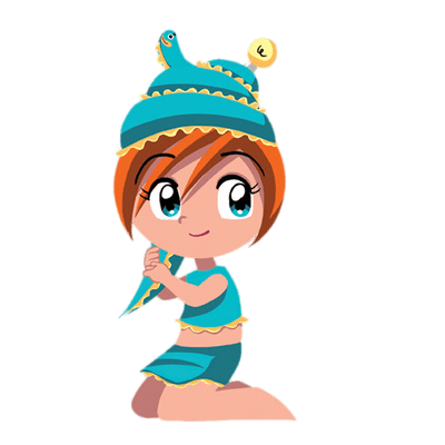 Chibi-style girl with orange hair, blue outfit, and whimsical hat playing a flute while kneeling.