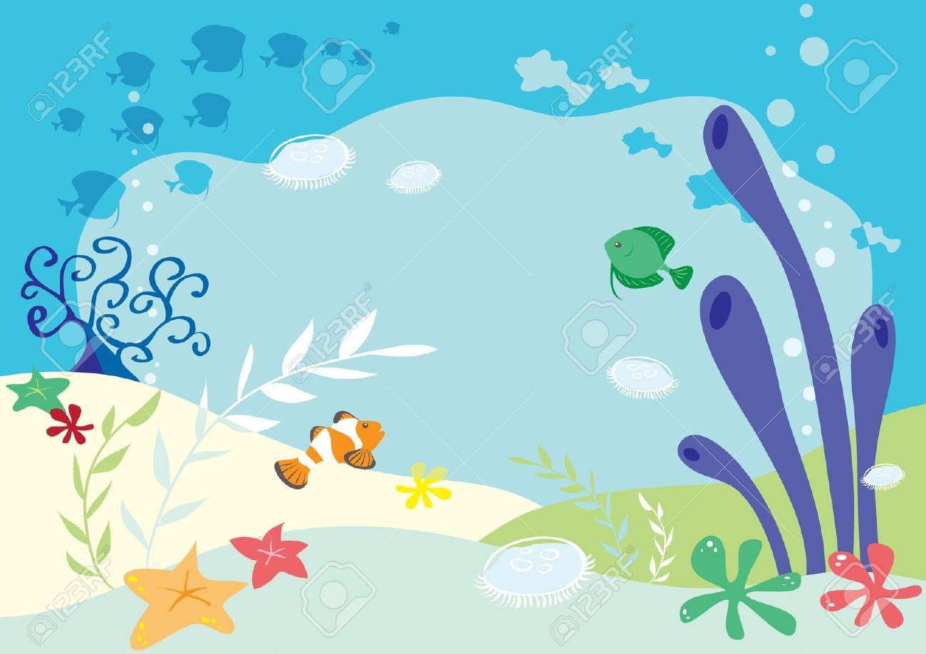 Colorful cartoon underwater scene with clownfish, green fish, jellyfish, starfish, coral, and sea plants on sandy seabed.