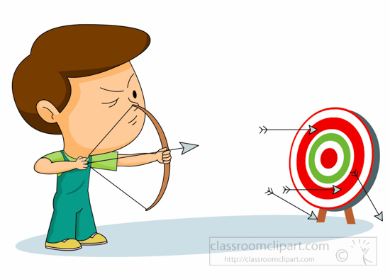 Cartoon boy aiming bow and arrow at a target with multiple arrows already hitting it.