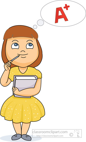 A smiling girl in a yellow dress holds a notebook and pencil, thinking of an A+ grade.