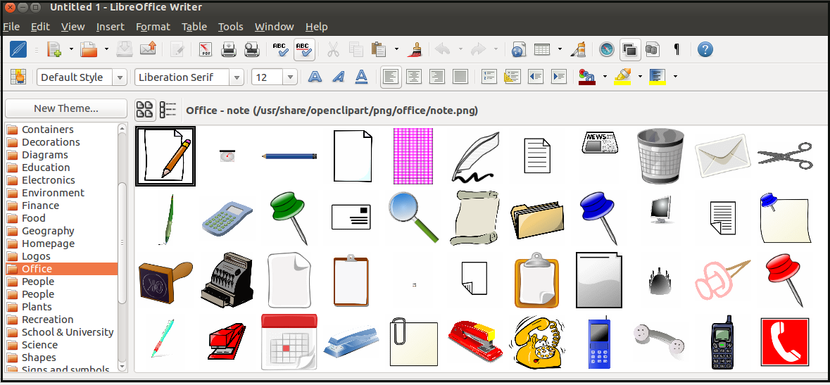LibreOffice Writer interface showing office-themed clipart library with icons like pencil, calculator, folder, phone, and sticky notes.