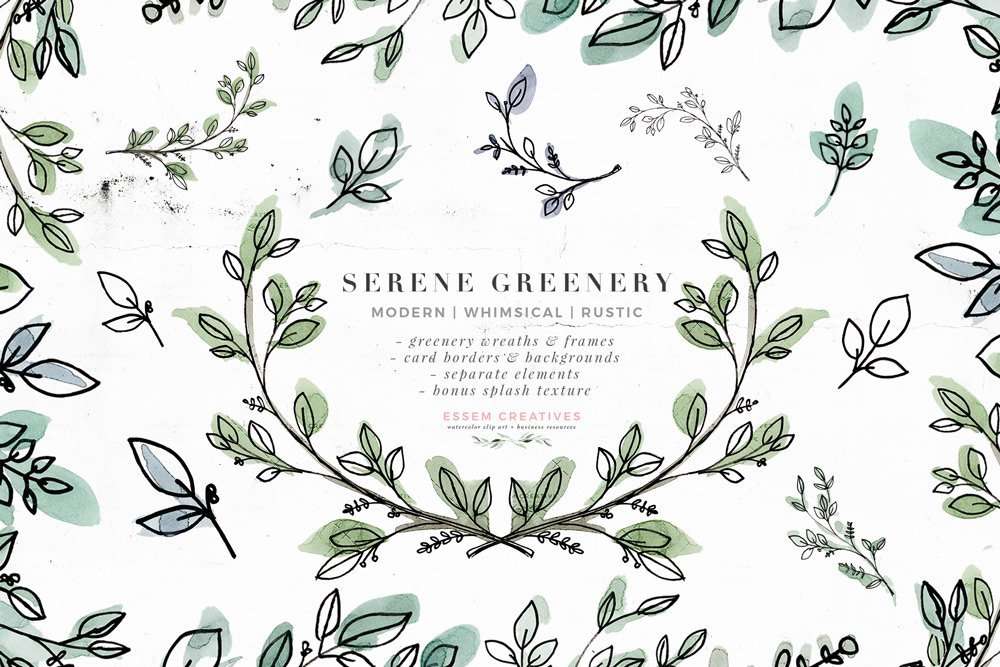 Serene Greenery watercolor botanical illustration with leafy wreaths, frames, and rustic floral elements on white background.