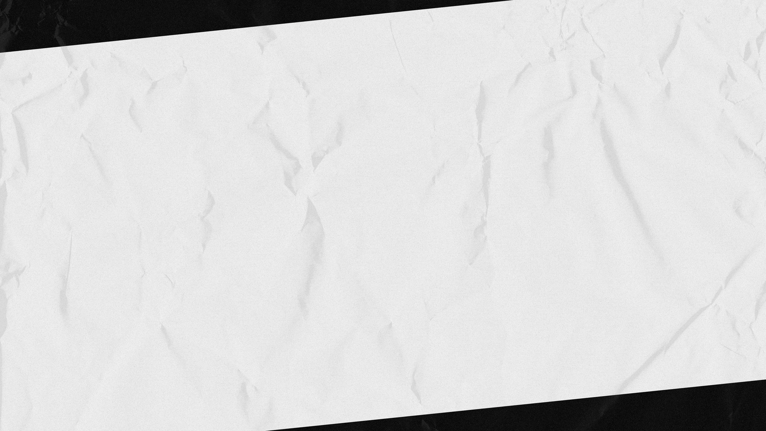 Crumpled white paper texture on black background, diagonal composition with soft shadows and folds.