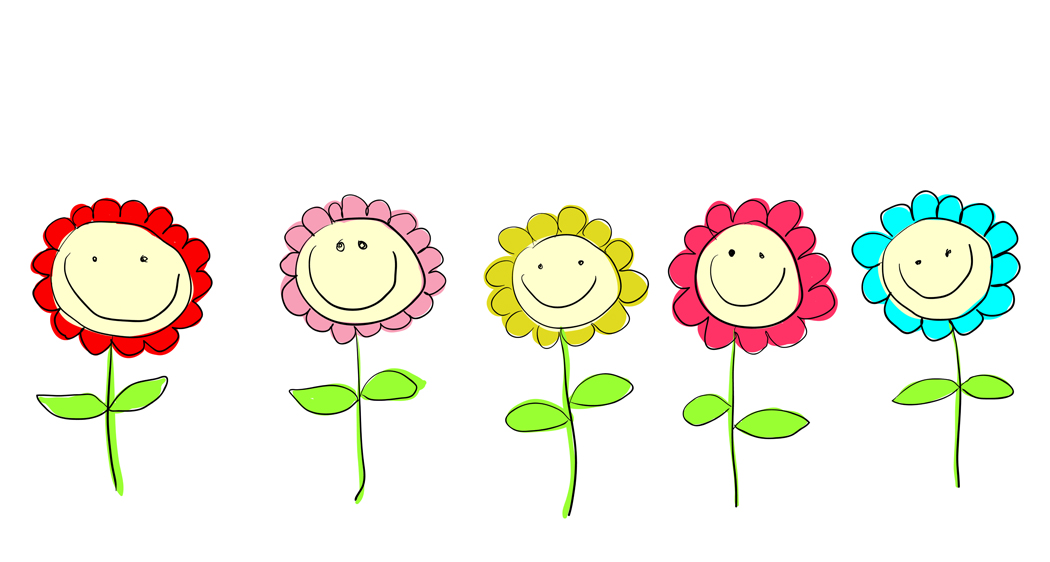 Five cheerful cartoon flowers with smiling faces in red, pink, yellow, magenta, and cyan, each on a green stem with leaves.