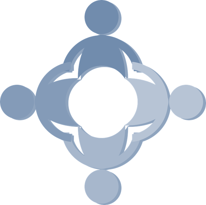 Four stylized blue figures interlocking in a circular pattern around a green center, symbolizing collaboration and unity.