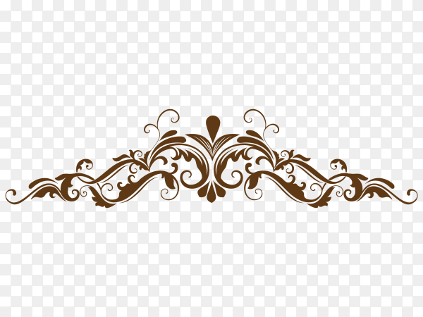 Elegant brown ornamental flourish with symmetrical scrollwork and central fleur-de-lis motif on transparent background.
