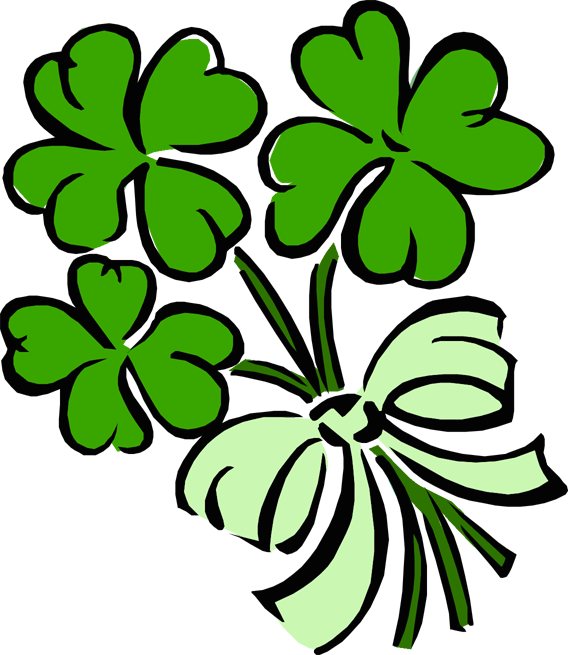Three vibrant green four-leaf clovers bundled with a light green ribbon against a black background.