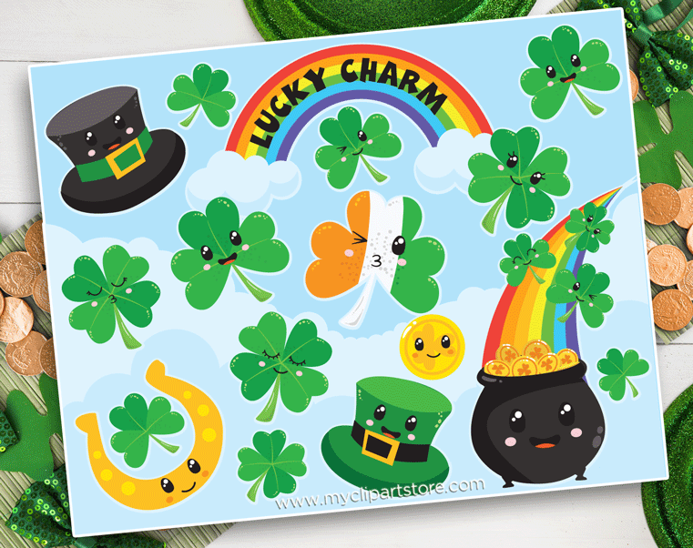 Cute St. Patrick’s Day clipart sheet with smiling shamrocks, leprechaun hats, rainbow, pot of gold, and lucky charms on light blue background.