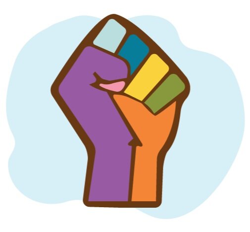 A raised fist with multicolored segments symbolizing unity, diversity, and empowerment against a soft blue background.
