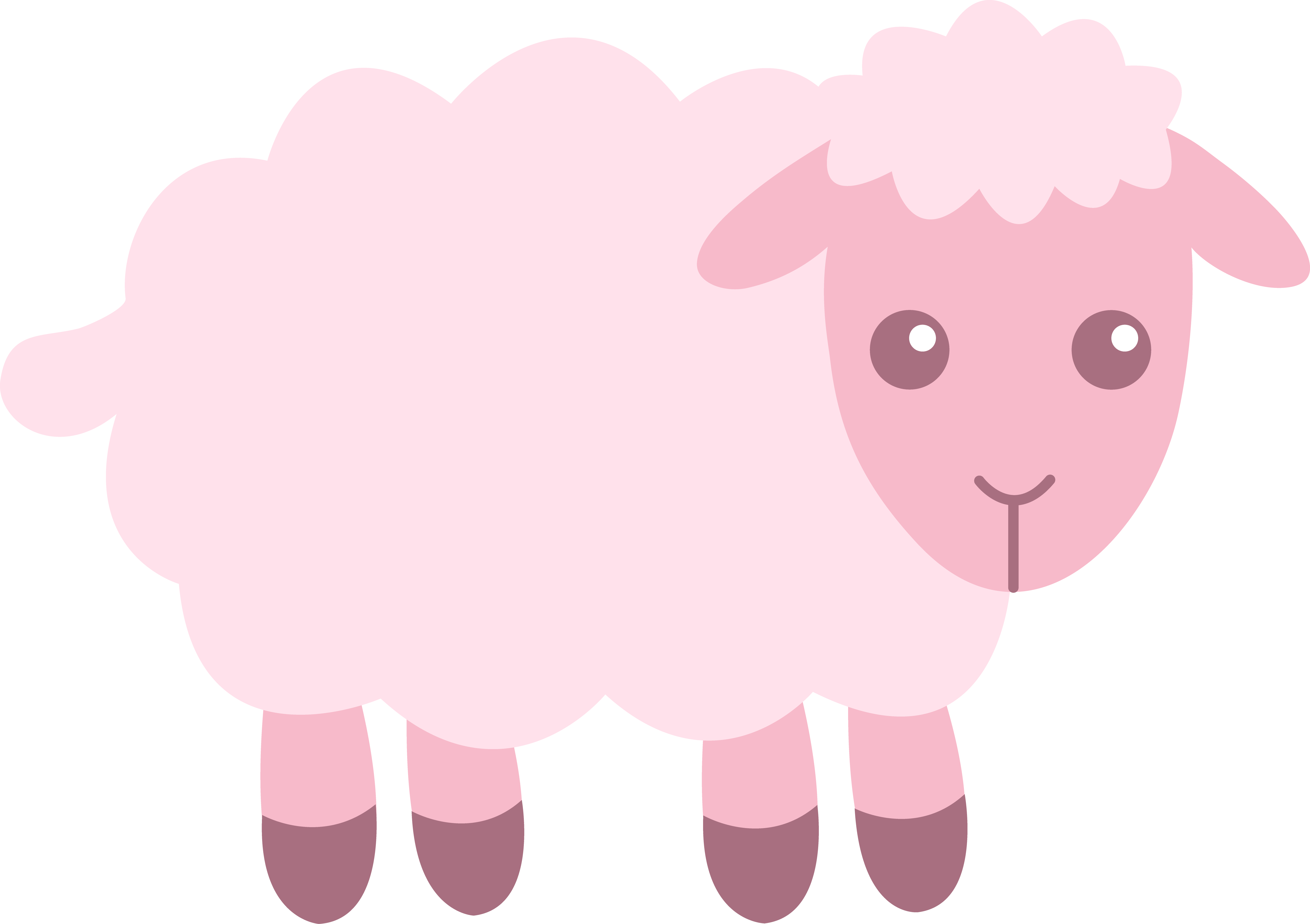 Cute pink cartoon sheep with fluffy wool, large eyes, and a gentle smile standing against a white background.