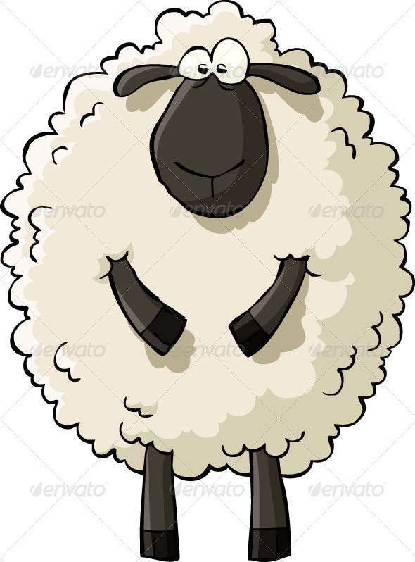 Cartoon sheep with fluffy white wool, black face and legs, smiling with arms crossed.