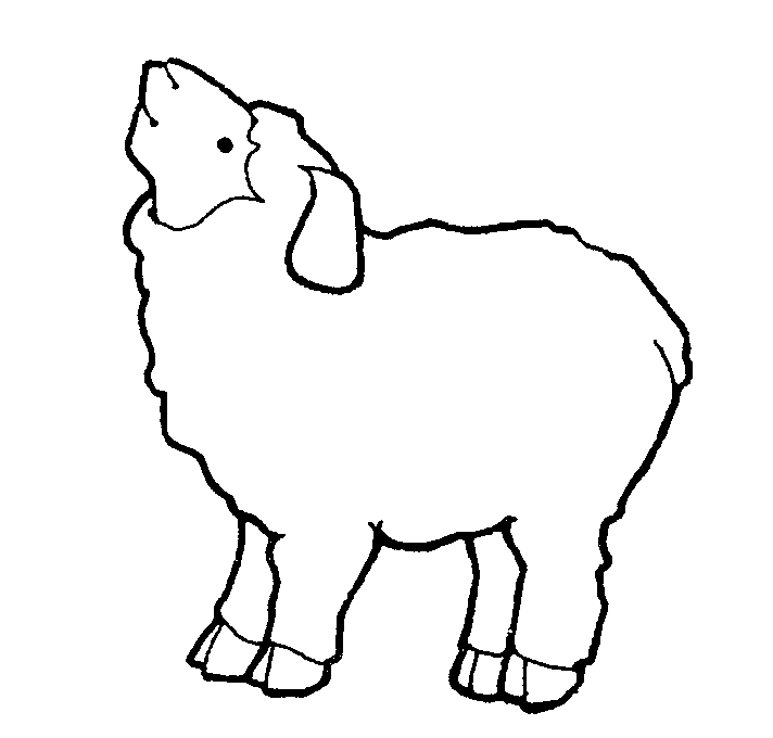 Simple black-and-white line drawing of a standing lamb with head raised and open mouth, suitable for coloring pages or educational materials.