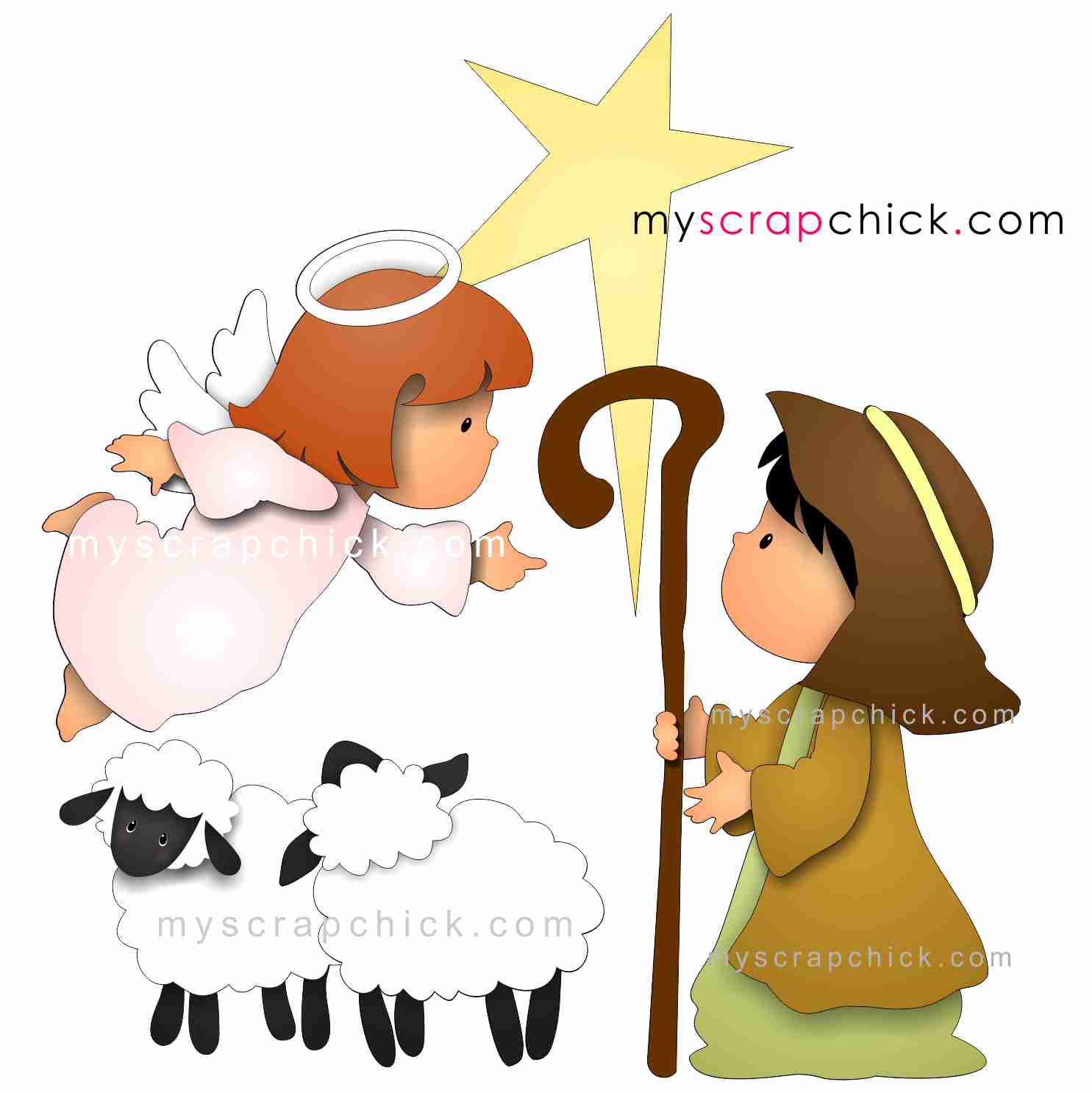 Angel pointing to the Star of Bethlehem beside a shepherd with staff and two sheep.