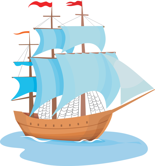 A stylized wooden sailing ship with blue sails navigating through icy waters near rocky cliffs and glaciers.