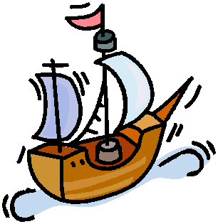 A cartoon wooden sailing ship with two sails, a red flag, and waves, depicted in motion on water.