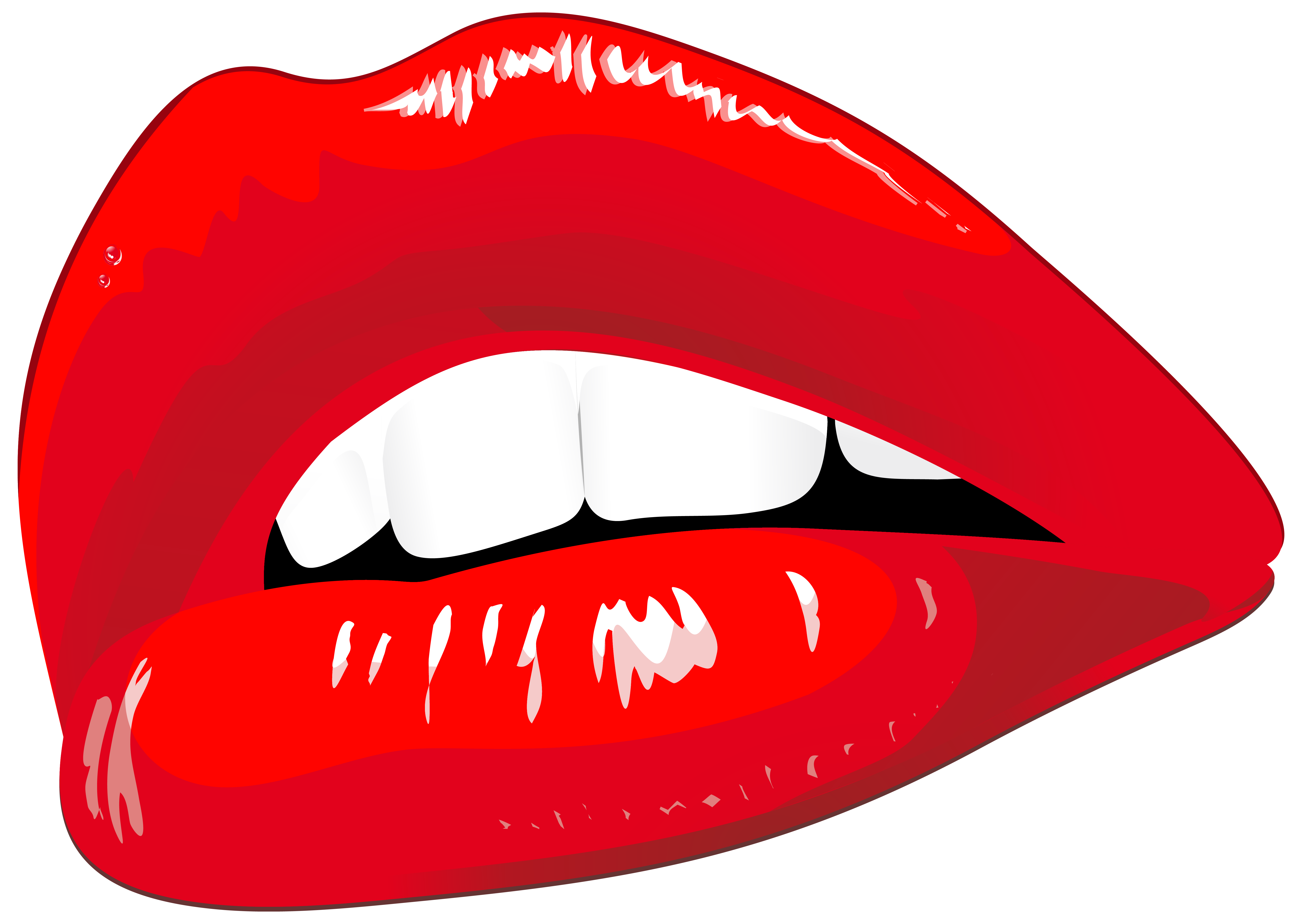 Glossy red lips with white teeth and stylized bite marks, cartoon-style vampire mouth illustration.