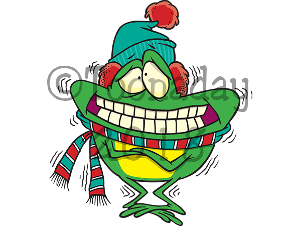 Cheerful green frog cartoon wearing a teal winter hat with pom-pom and striped scarf, grinning widely.