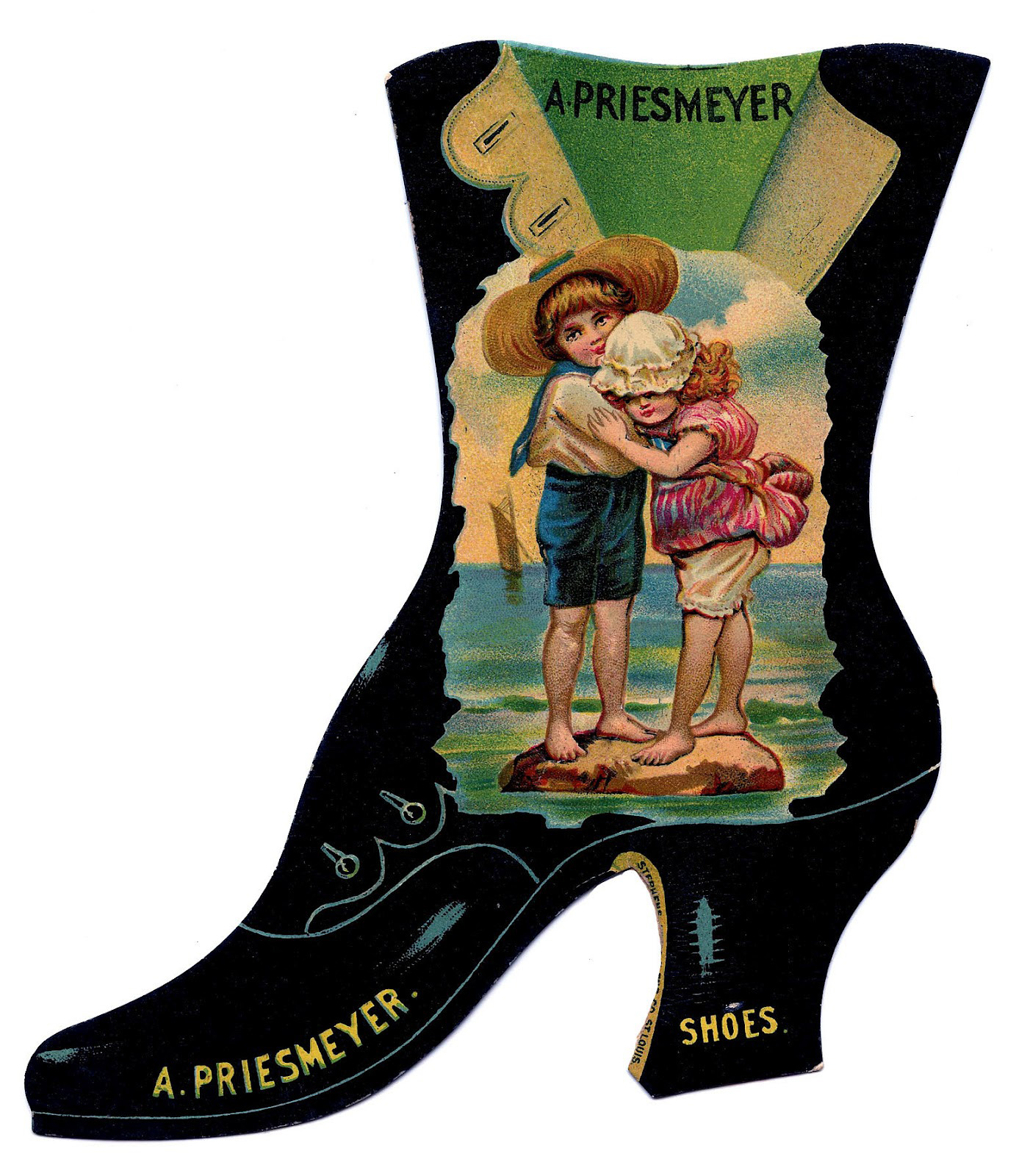 Vintage A. Priesmeyer shoe-shaped advertisement featuring two children on a seaside rock, early 20th-century lithograph.