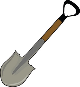Illustration of a standard garden shovel with a D-grip handle, metal blade, and wooden shaft.