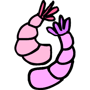 Stylized cartoon shrimp in pink and purple with red antennae, outlined in black.