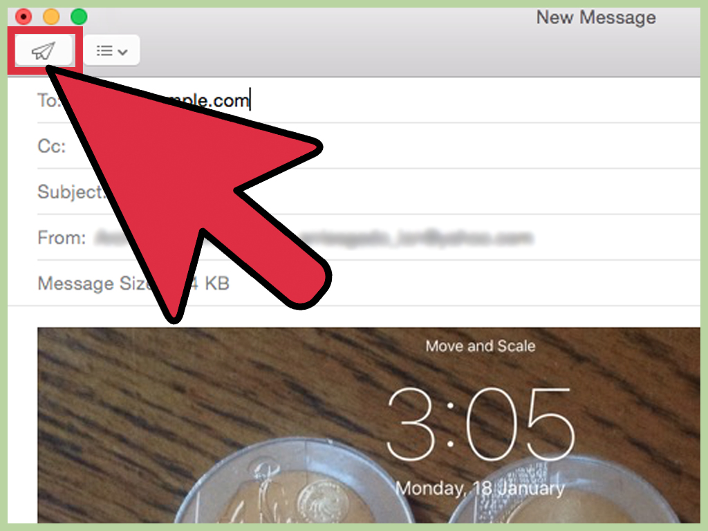 Red arrow pointing to the send button in an email compose window on macOS Mail.