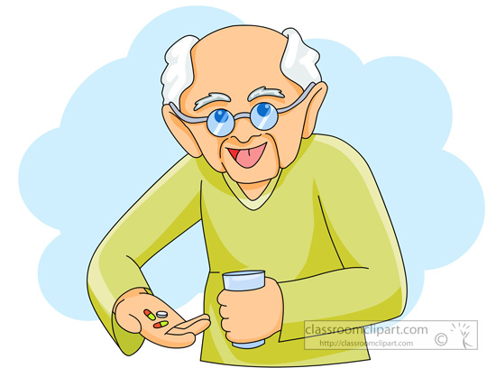 Smiling elderly man with glasses holding pills in one hand and a glass of water in the other, ready to take medication.
