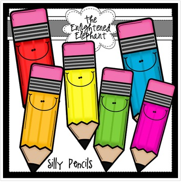 Six colorful cartoon pencils with smiling faces and pink erasers, labeled "Silly Pencils" by The Enlightened Elephant.
