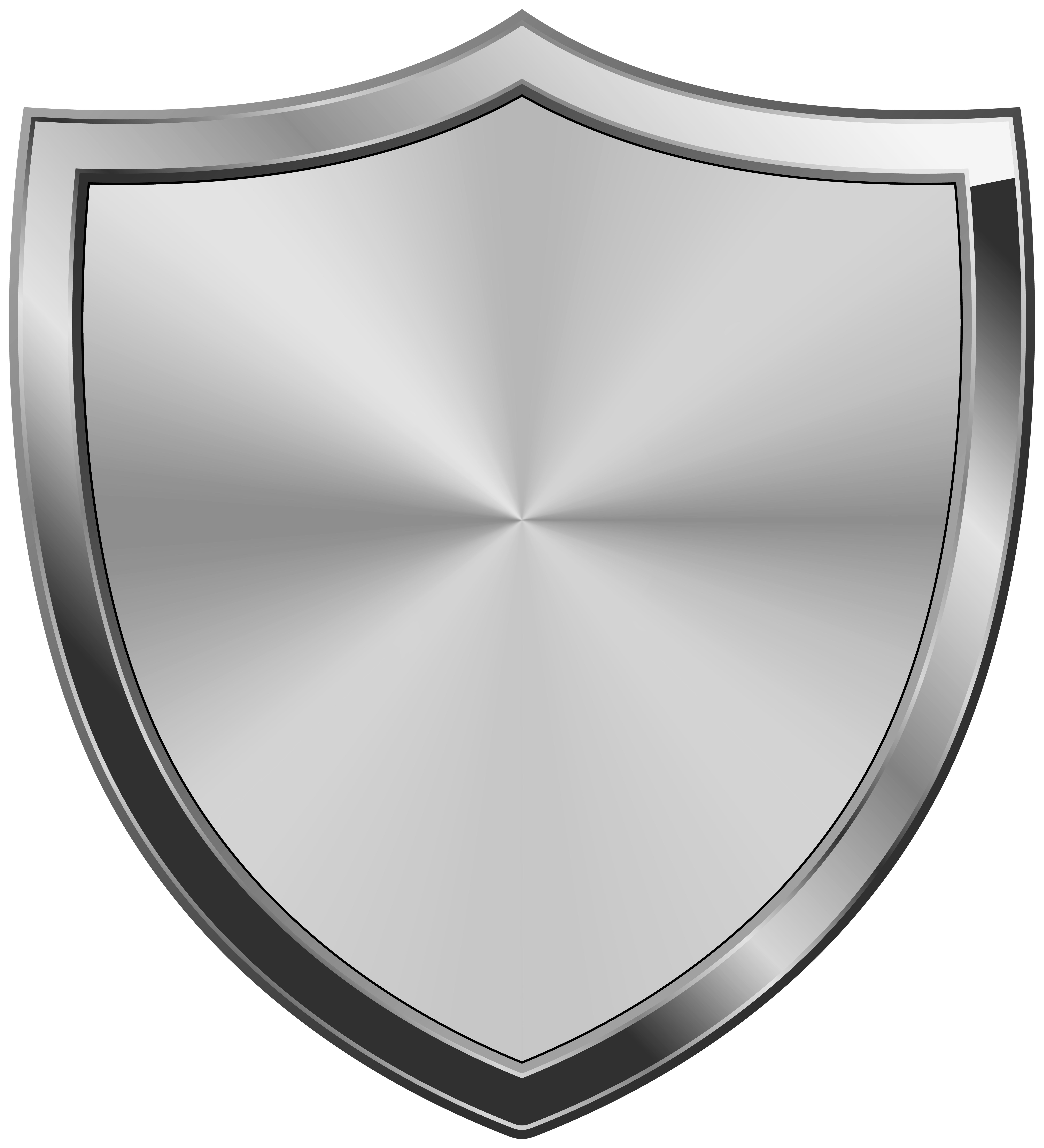 Metallic silver shield icon with layered depth and reflective surface, symbolizing security and protection.