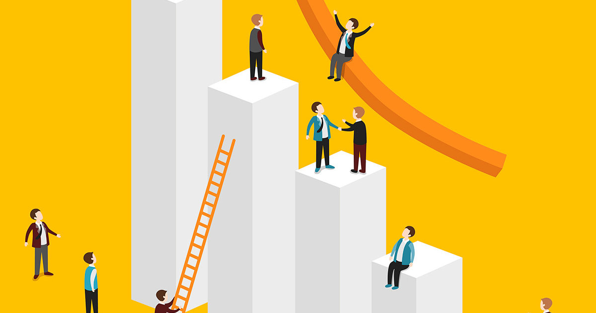 Business professionals climbing bar chart columns with ladders and slides, symbolizing career growth and teamwork.