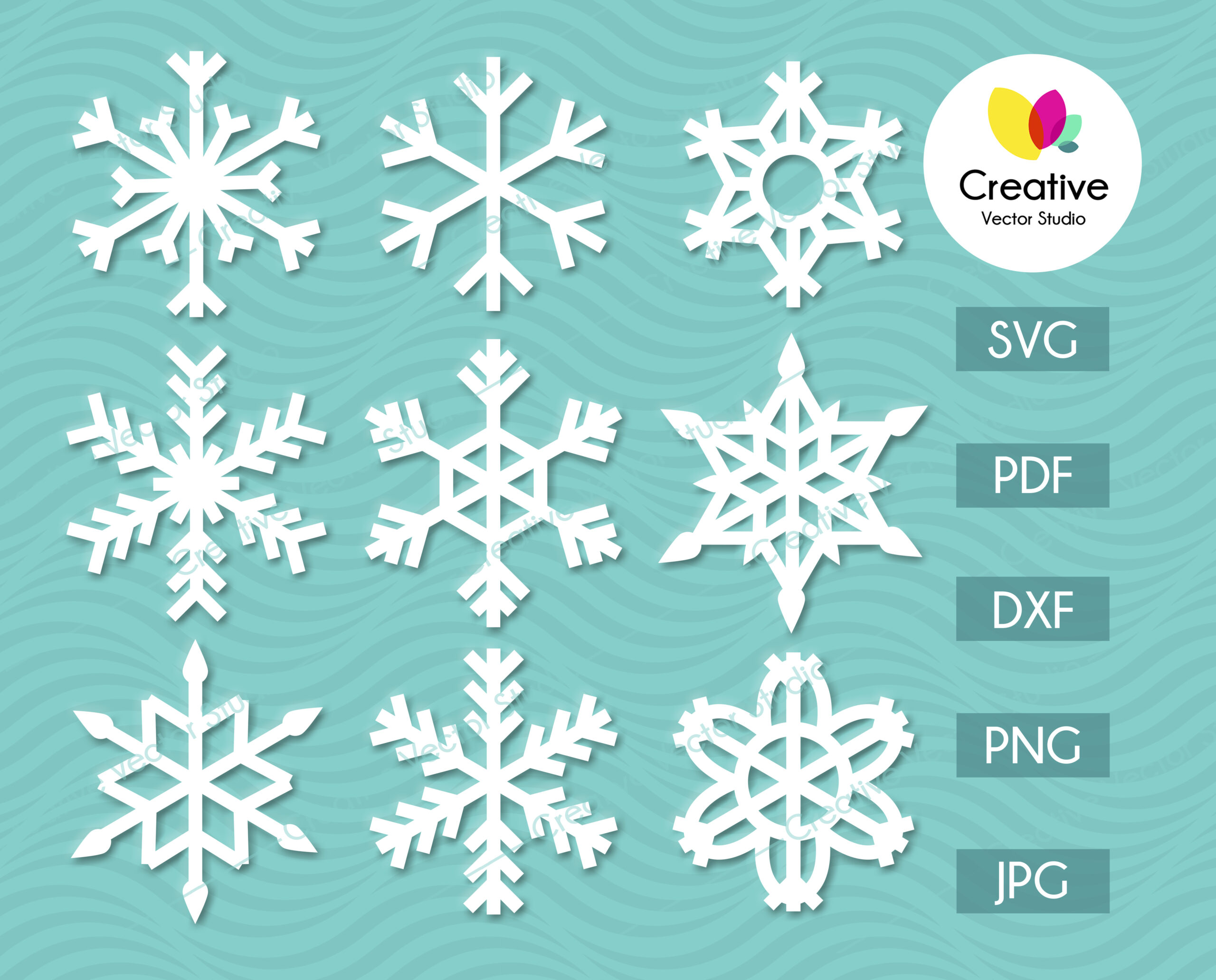 Nine white snowflake vector designs on teal wavy background, available in SVG, PDF, DXF, PNG, JPG formats.