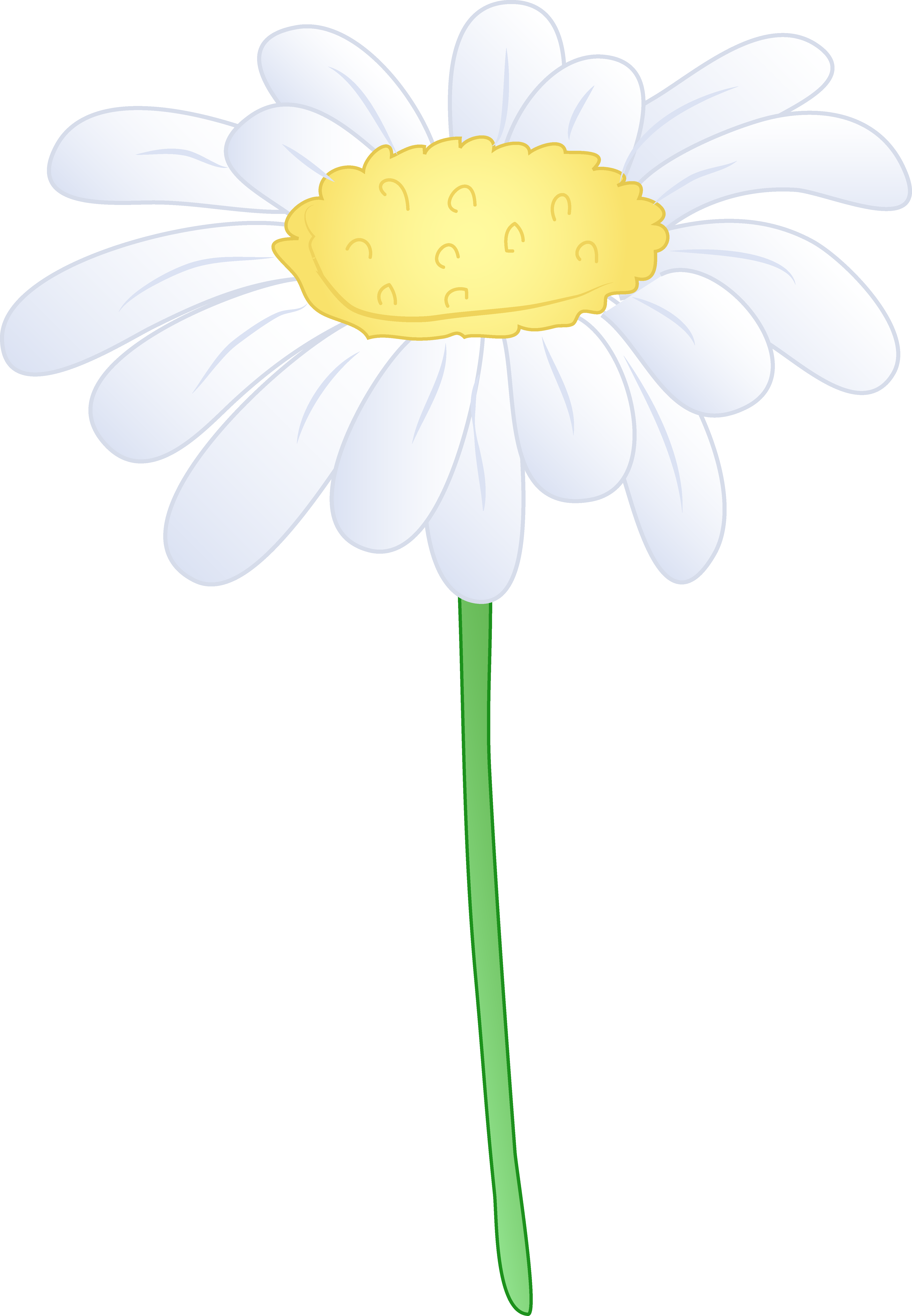 Cheerful cartoon daisy with smiling yellow center and white petals on green stem.