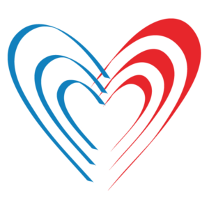 Stylized heart logo with layered blue and red flowing strokes on white background.