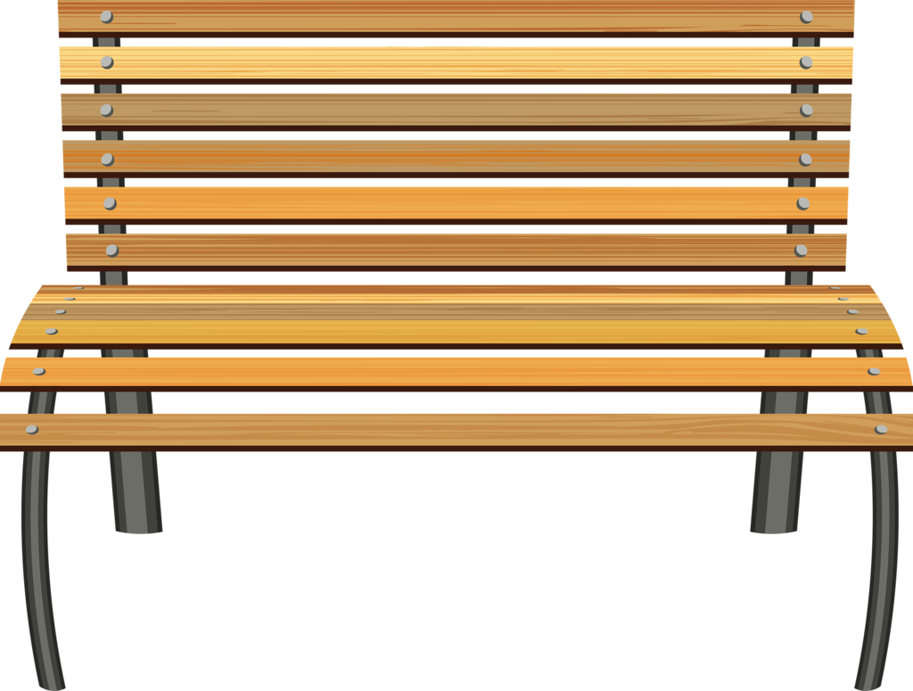 Wooden park bench with slatted backrest and seat, metal legs and bolts, clean vector-style illustration on transparent background.