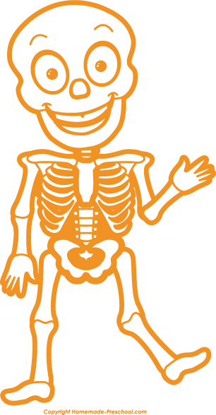 Friendly orange cartoon skeleton waving, smiling, with visible ribs and skull, ideal for Halloween or preschool education.