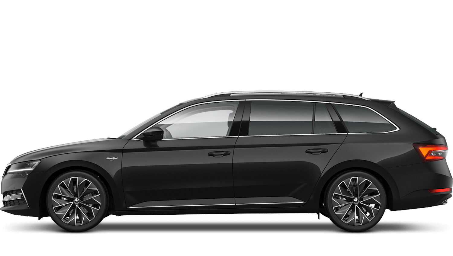 Black Škoda Superb Combi estate car in side profile with alloy wheels and roof rails on green background.