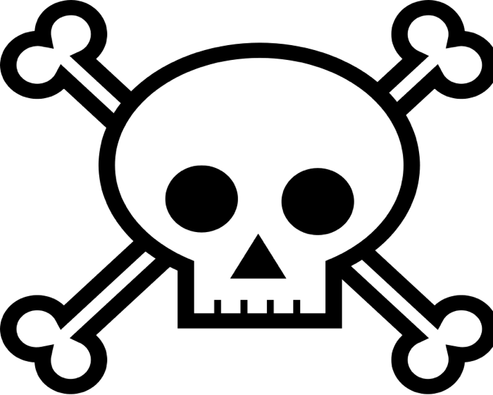 White skull and crossbones symbol on black background, classic piracy warning icon.