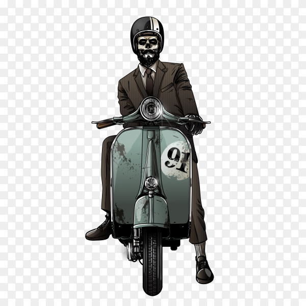 Skeletal rider in suit and helmet on vintage green scooter with "91" decal.