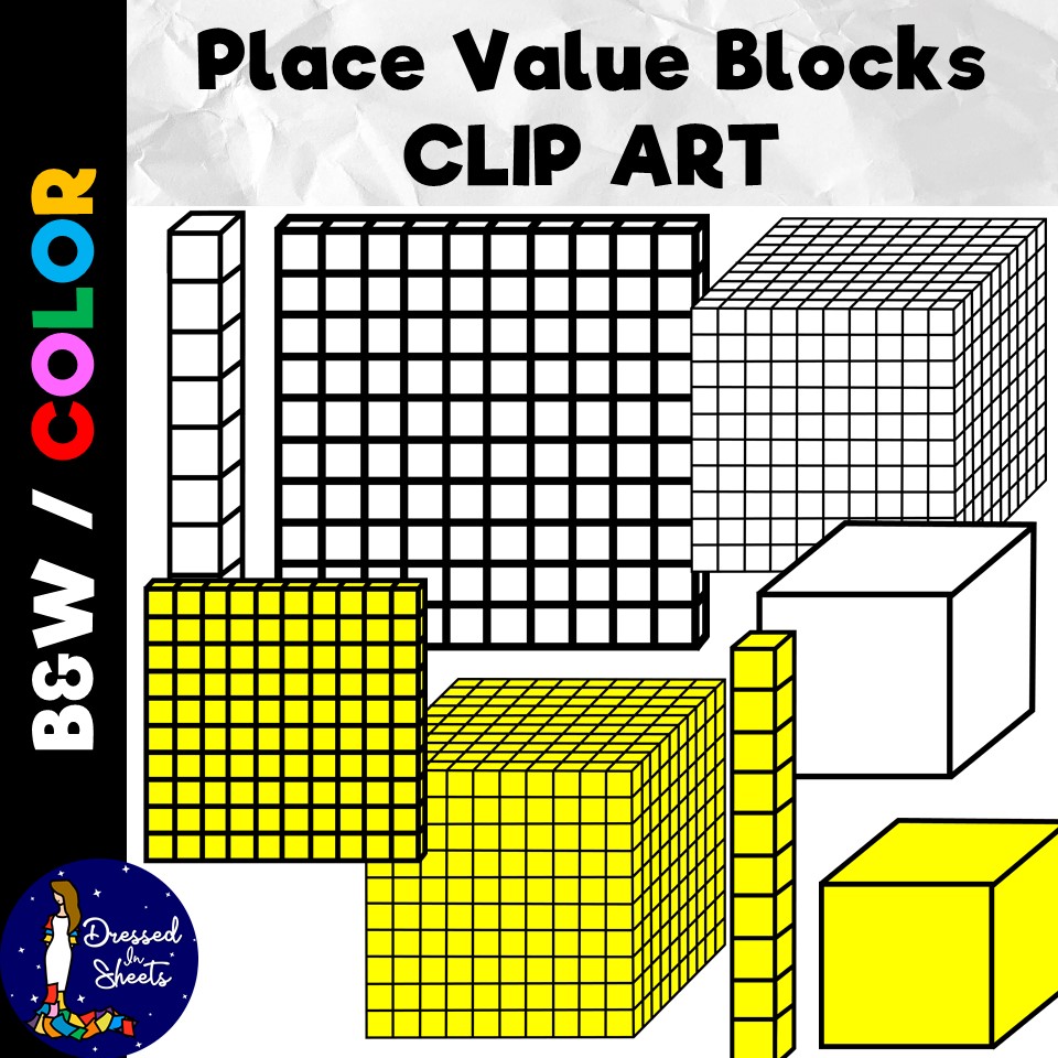 Black-and-white and yellow place value blocks clip art for math education, including units, rods, flats, and cubes.