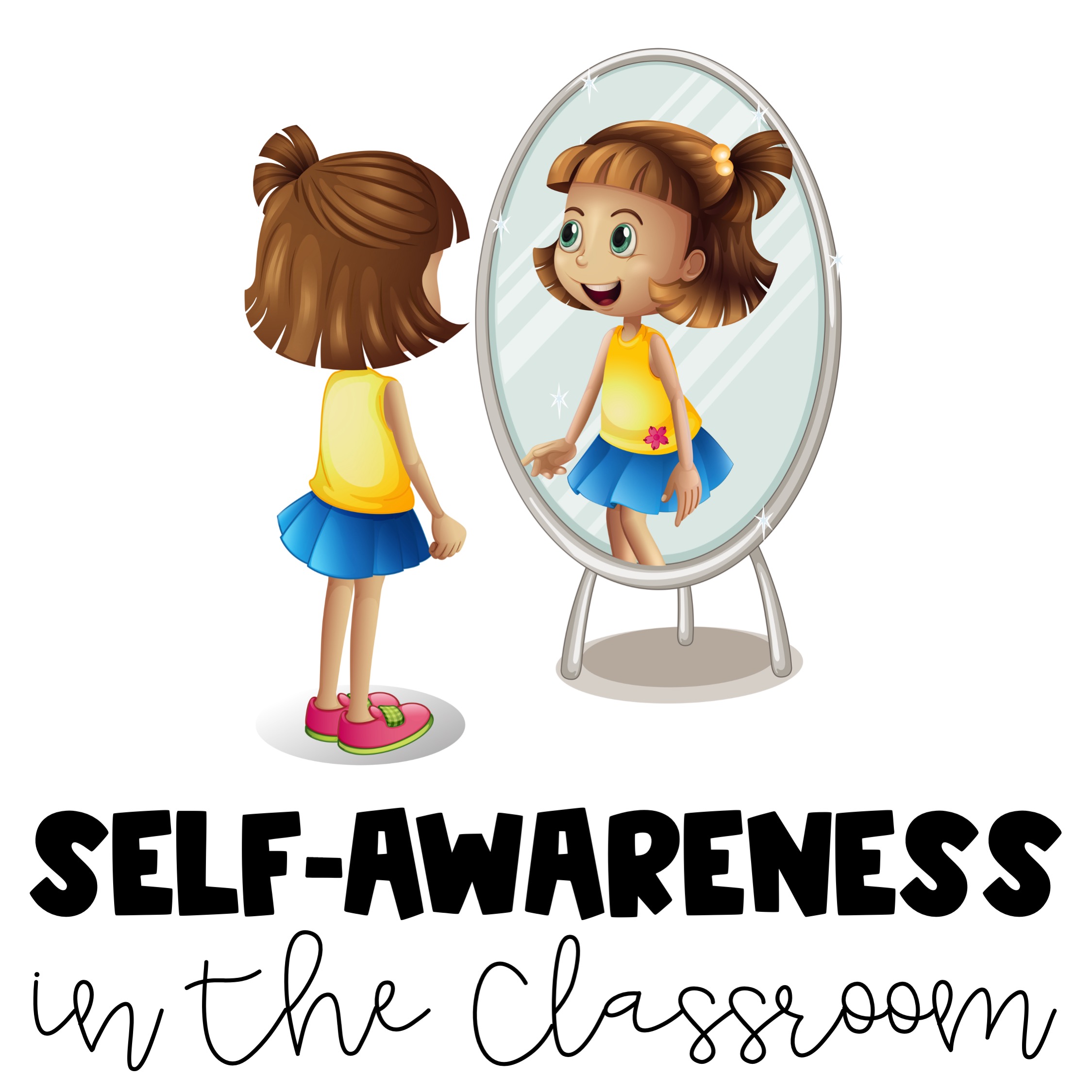 A young girl with brown hair in pigtails looks into a mirror, seeing her smiling reflection wearing a yellow top and blue skirt.
