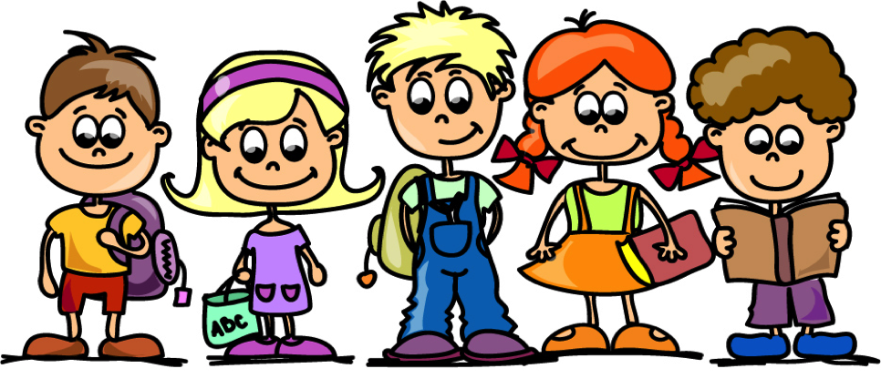 Five diverse cartoon children with school supplies, smiling and ready for class.