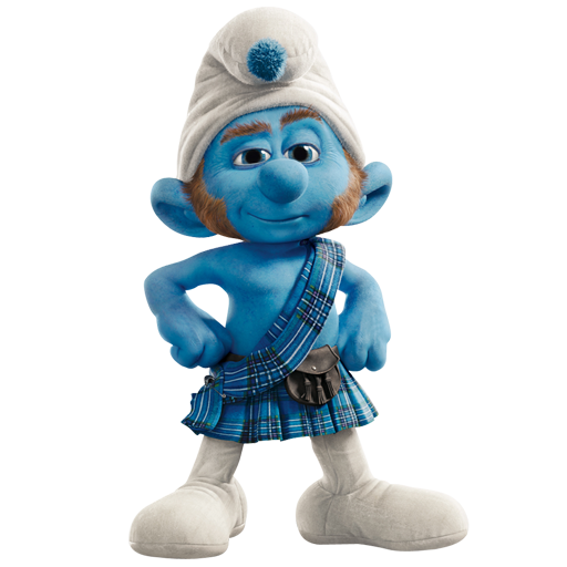 A Scottish-themed Smurf wearing a white tam o’ shanter with blue pom-pom, plaid kilt, and sporran, standing confidently.